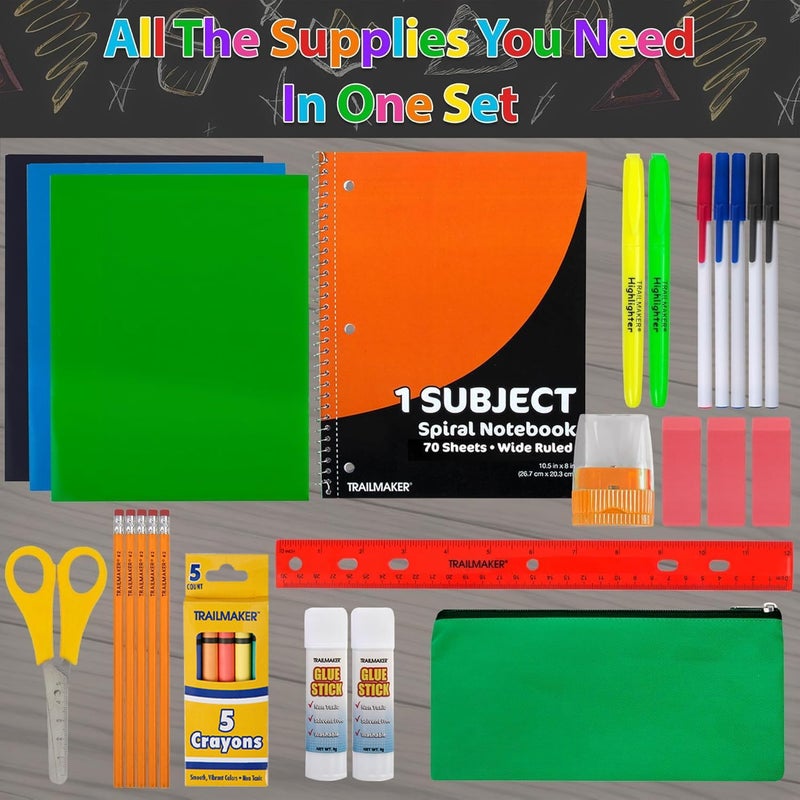 Trailmaker School Supplies Kit for Girls, Boys Back to School Supplies Bundle Pack 30 Piece School Supply Box Set for Kids Kindergarten, Elementary K-8 Includes Notebook, Folders, Pens, Pencils, and More - Image 5